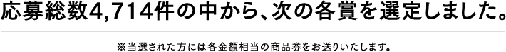 応募総数4,714件の中から、次の各賞を選定しました。
※当選された方には各金額相当の商品券をお送りいたします。